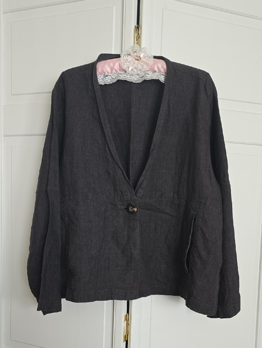 Poetry Charcoal Single-Button V-Neck Linen Jacket Size 18